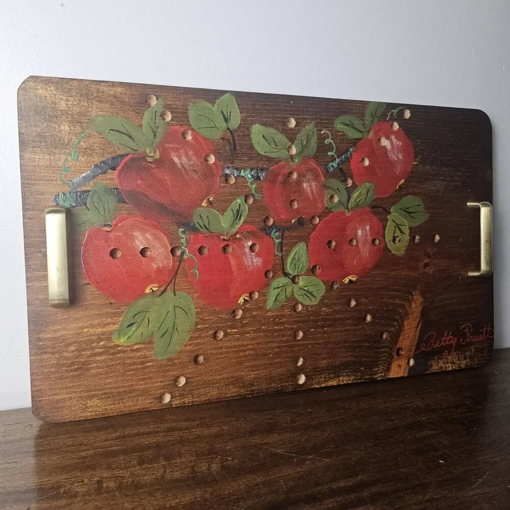 Vintage Hand-Painted Apple Wood Serving Tray, Primitive Folk Art 11x19